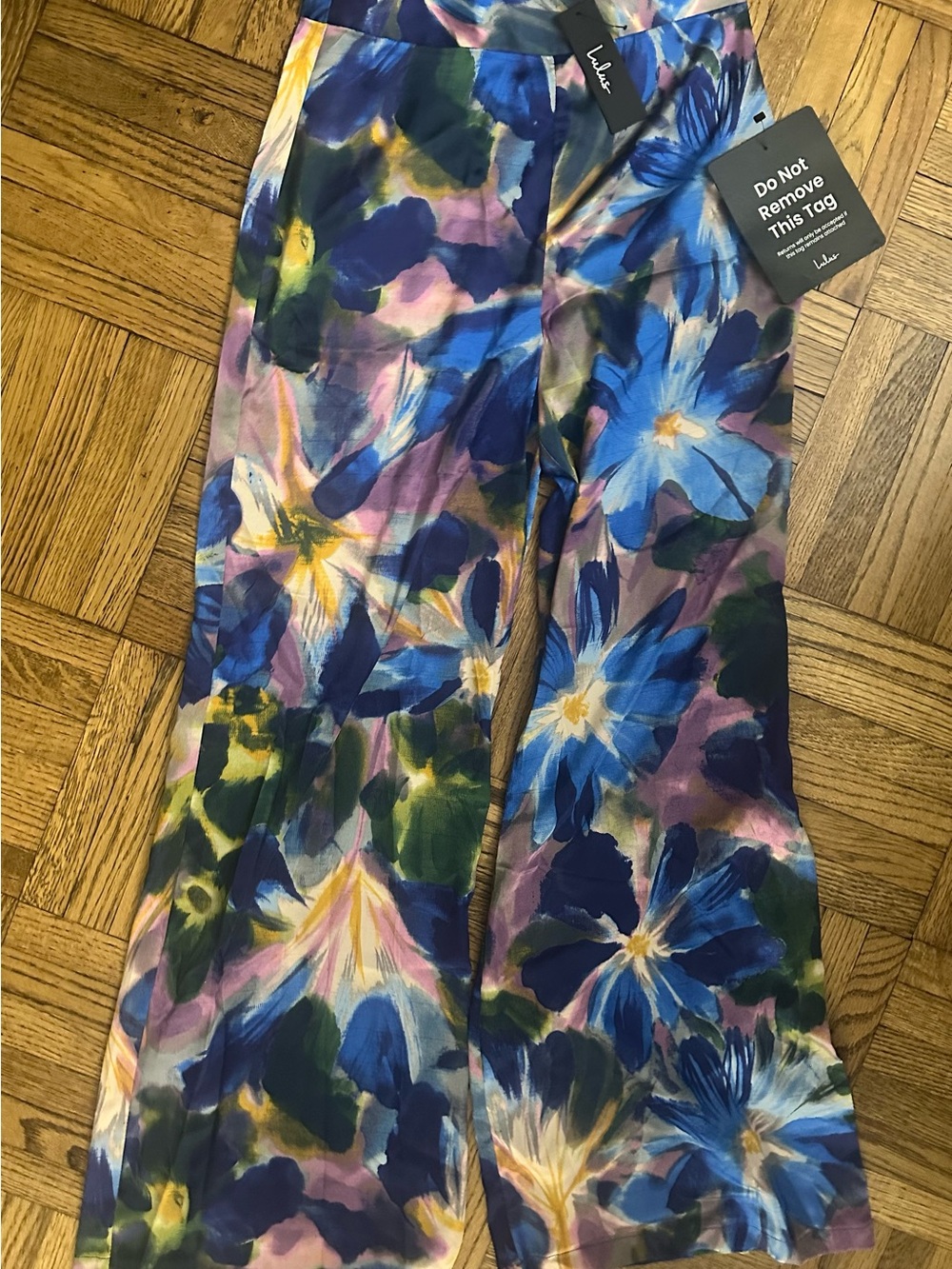 Lulus Thriving Vibes Blue Floral Print Satin Wide Leg Pants S NWT